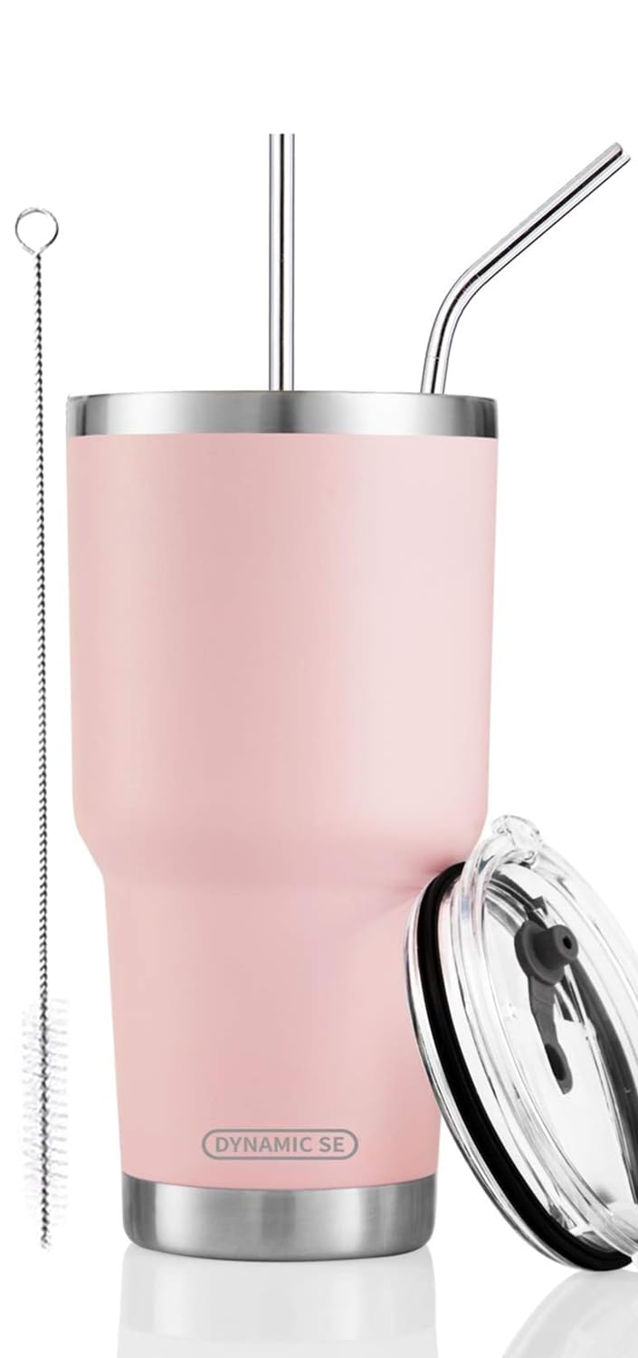 D·S 30oz Blue Tumbler Stainless Steel Double Wall Vacuum Insulated Mug with Straw and Lid, Cleaning Brush for Cold and Hot Beverages