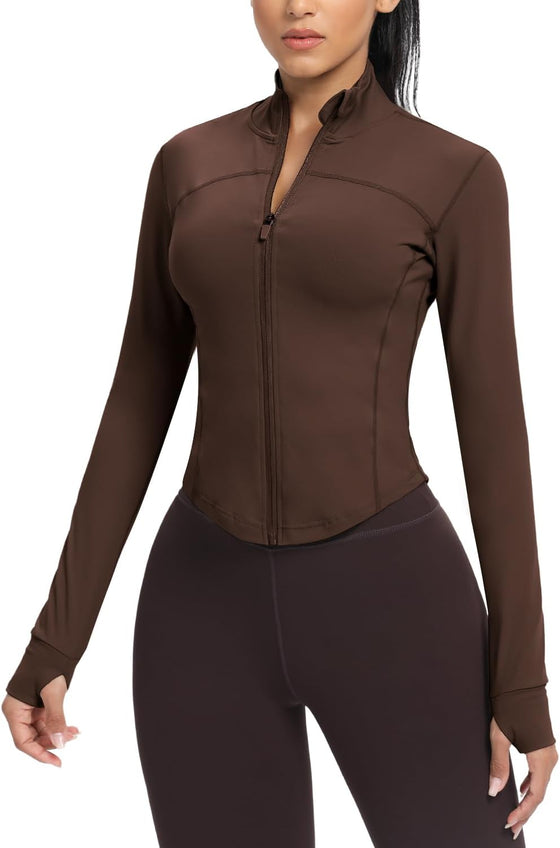 AVGO Women's Cropped Running Workout Jackets Zip Slim Fit Athletic Tops with Thumb Holes