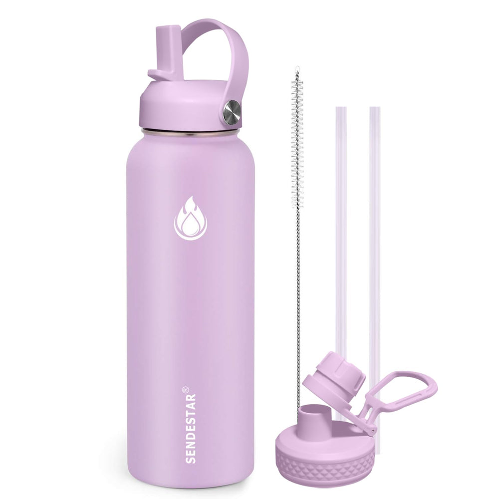 SENDESTAR Water Bottle 32oz Double Wall Vacuum Insulated Leak Proof Stainless Steel Sports Water Bottle—Wide Mouth with New Flex Straw Lid & Spout Lid (Deep Blue&Black)