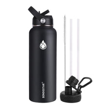SENDESTAR Water Bottle 32oz Double Wall Vacuum Insulated Leak Proof Stainless Steel Sports Water Bottle—Wide Mouth with New Flex Straw Lid & Spout Lid (Deep Blue&Black)