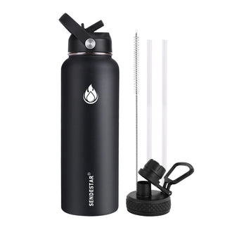 SENDESTAR Water Bottle 32oz Double Wall Vacuum Insulated Leak Proof Stainless Steel Sports Water Bottle—Wide Mouth with New Flex Straw Lid & Spout Lid (Deep Blue&Black)