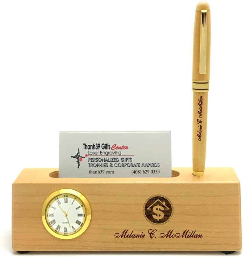Personalized Solid Rosewood Business Card Holder with Clock and Ballpoint Pen