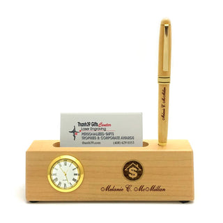 Personalized Solid Rosewood Business Card Holder with Clock and Ballpoint Pen