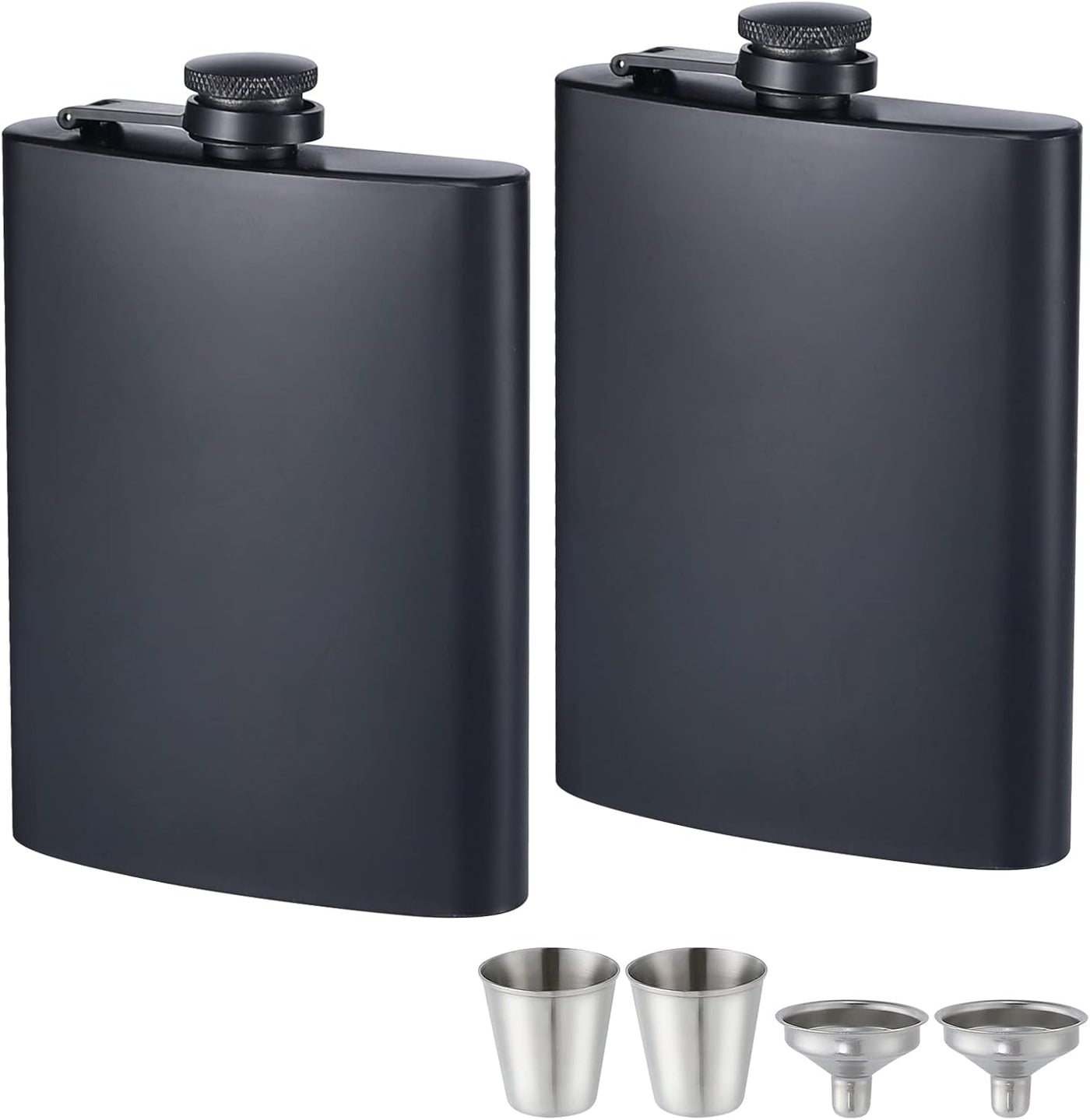 ROMORC 2 Pack Hip Flasks for Liquor Matte Black 8 Oz Stainless Steel Leak-proof Thin Flasks with 2pcs Funnels and Cups for Wedding Party, Groomsman, Bridesmaid, Gift (Black)