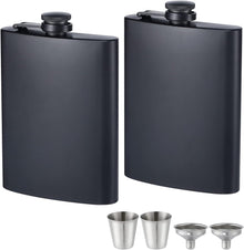 ROMORC 2 Pack Hip Flasks for Liquor Matte Black 8 Oz Stainless Steel Leak-proof Thin Flasks with 2pcs Funnels and Cups for Wedding Party, Groomsman, Bridesmaid, Gift (Black)