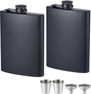 ROMORC 2 Pack Hip Flasks for Liquor Matte Black 8 Oz Stainless Steel Leak-proof Thin Flasks with 2pcs Funnels and Cups for Wedding Party, Groomsman, Bridesmaid, Gift (Black)