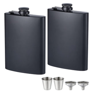 ROMORC 2 Pack Hip Flasks for Liquor Matte Black 8 Oz Stainless Steel Leak-proof Thin Flasks with 2pcs Funnels and Cups for Wedding Party, Groomsman, Bridesmaid, Gift (Black)