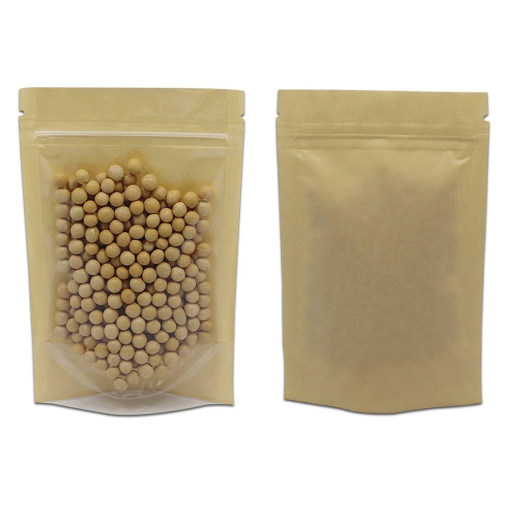 PABCK 50 Pcs Clear Front Stand Up Airtight 3.9x5.9inch Brown Kraft Paper for Zip Food Storage Lock Bags Reclosable Zipper Resealable Heat Seal Pouch Coffee Snack Packaging (Usable Size 3.1x3.3 inch)
