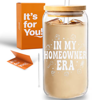 wtisan Housewarming Gifts for New Home - Sweet Home Aesthetic Can Shaped Glass Cup, 16oz Iced Coffee Tumbler - House Warming Gift Ideas with Lid, Straw & Card for Couple, New Homeowner