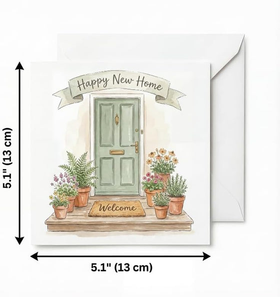 Watercolor New Home Card, HouseWarming Gifts New Home, Housewarming Gift For Neighbor,Client Or Friend.Sage Green Front Door Plants Design| 5.1"(13x13cm)|With Envelope - hover image