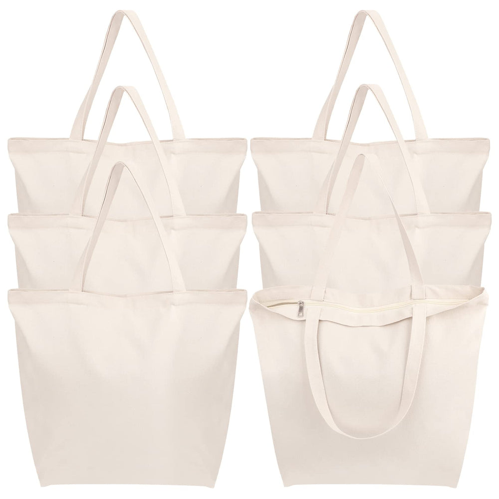 Segarty 6 Packs Canvas Tote Bag with Zipper, 16x13 inch Reusable Washable Grocery Shopping Bags with Handle Plain Canvas Totes for Women Teacher DIY Art Crafts Painting Embroidery Decoration
