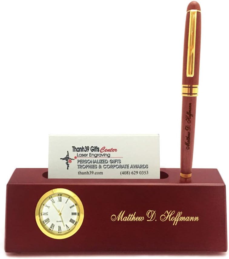 Personalized Solid Rosewood Business Card Holder with Clock and Ballpoint Pen