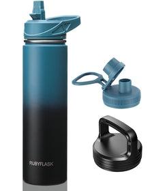 RUBYFLASK 32oz Insulated Water Bottle with Straw, Stainless Steel Metal Vacuum Water Flask, Large Thermal Water bottle with Leakproof 3 Lids for Travel, Camping, Gym Sports Indigo Black