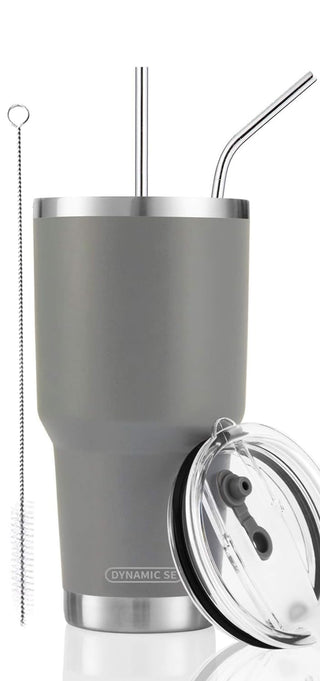 D·S 30oz Blue Tumbler Stainless Steel Double Wall Vacuum Insulated Mug with Straw and Lid, Cleaning Brush for Cold and Hot Beverages