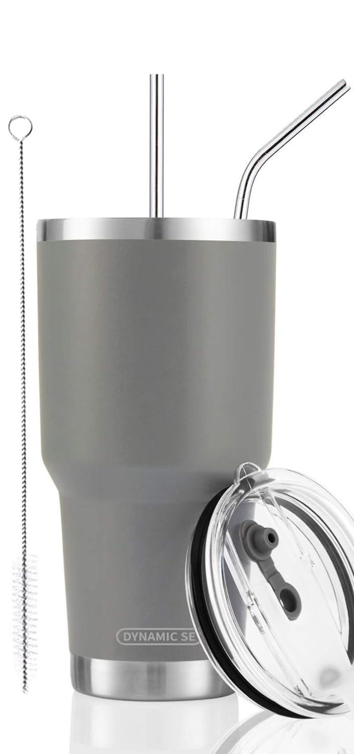 D·S 30oz Blue Tumbler Stainless Steel Double Wall Vacuum Insulated Mug with Straw and Lid, Cleaning Brush for Cold and Hot Beverages