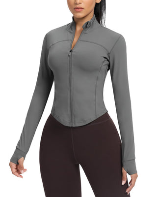 AVGO Women's Cropped Running Workout Jackets Zip Slim Fit Athletic Tops with Thumb Holes