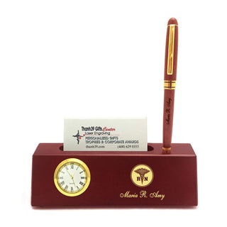 Personalized Solid Rosewood Business Card Holder with Clock and Ballpoint Pen