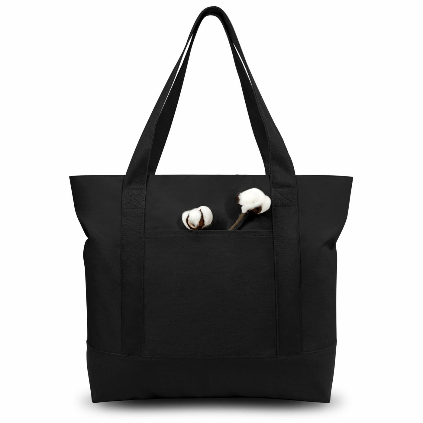 TOPDesign 1 | 3 | 6 | 30 Pack Canvas Tote Bag with an External Pocket, Reusable Grocery Shopping Bag, Top Zipper Closure, Daily Essentials (Black/Natural Pack of 1)