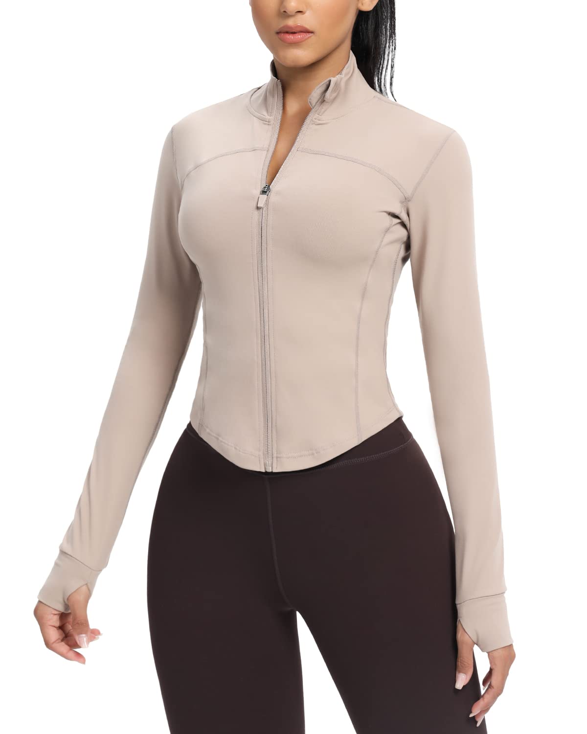 AVGO Women's Cropped Running Workout Jackets Zip Slim Fit Athletic Tops with Thumb Holes