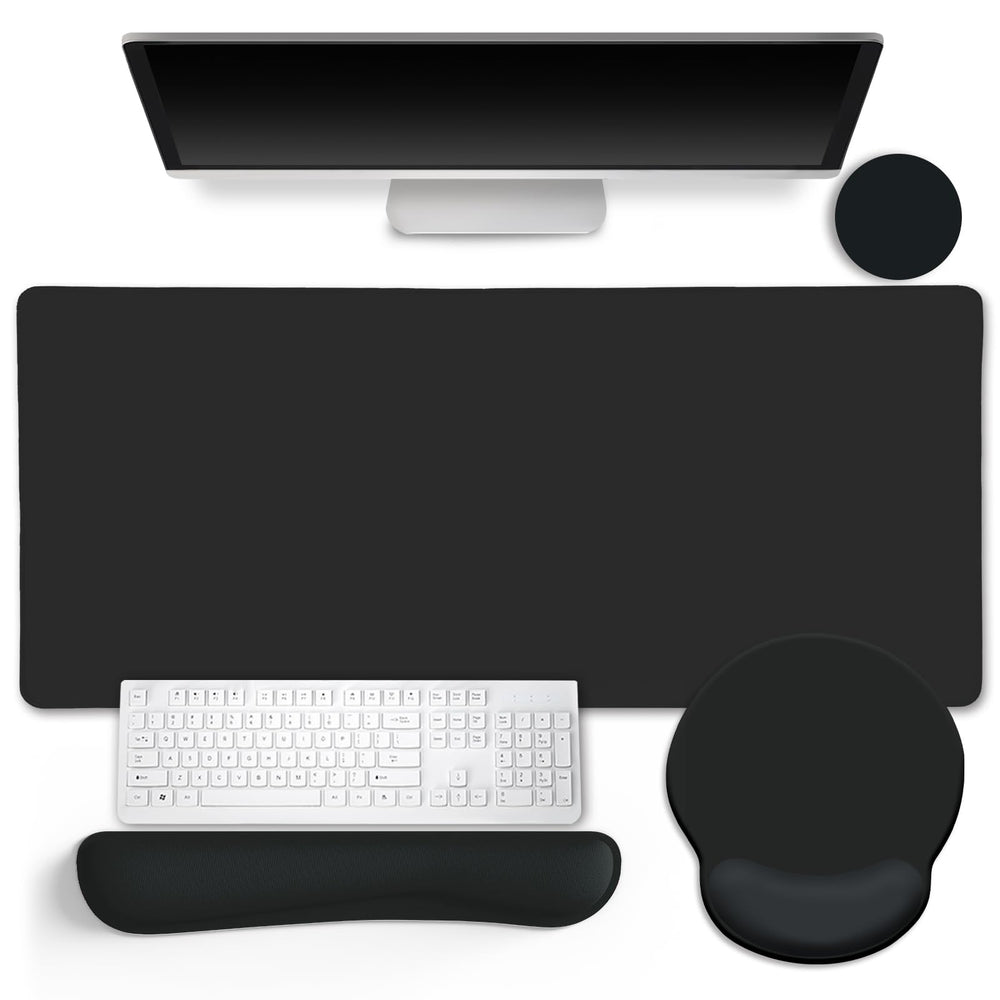 LIMKRIAN Desk Mat Set, Large Gaming Mouse Pad with Wrist Rest, Ergonomic Mouse Pad Keyboard Mat Wrist Support, Cup Coaster, Home Office Desk Accessories Decor Supplies, Funny Black Cat