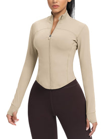 AVGO Women's Cropped Running Workout Jackets Zip Slim Fit Athletic Tops with Thumb Holes