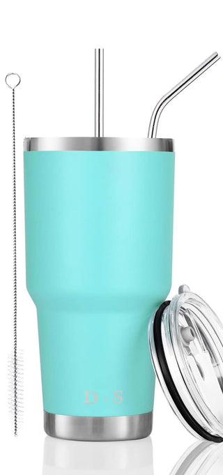 D·S 30oz Blue Tumbler Stainless Steel Double Wall Vacuum Insulated Mug with Straw and Lid, Cleaning Brush for Cold and Hot Beverages