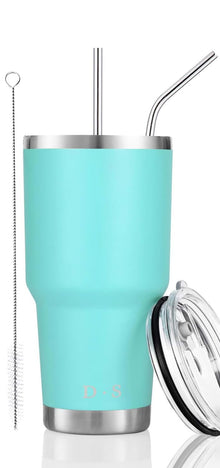 D·S 30oz Blue Tumbler Stainless Steel Double Wall Vacuum Insulated Mug with Straw and Lid, Cleaning Brush for Cold and Hot Beverages