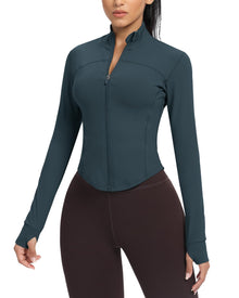 AVGO Women's Cropped Running Workout Jackets Zip Slim Fit Athletic Tops with Thumb Holes