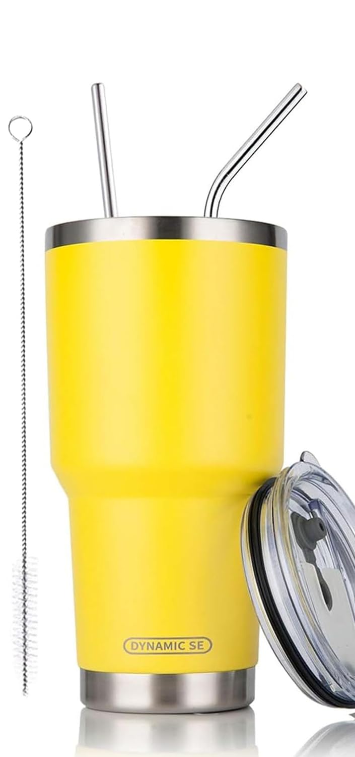 D·S 30oz Blue Tumbler Stainless Steel Double Wall Vacuum Insulated Mug with Straw and Lid, Cleaning Brush for Cold and Hot Beverages