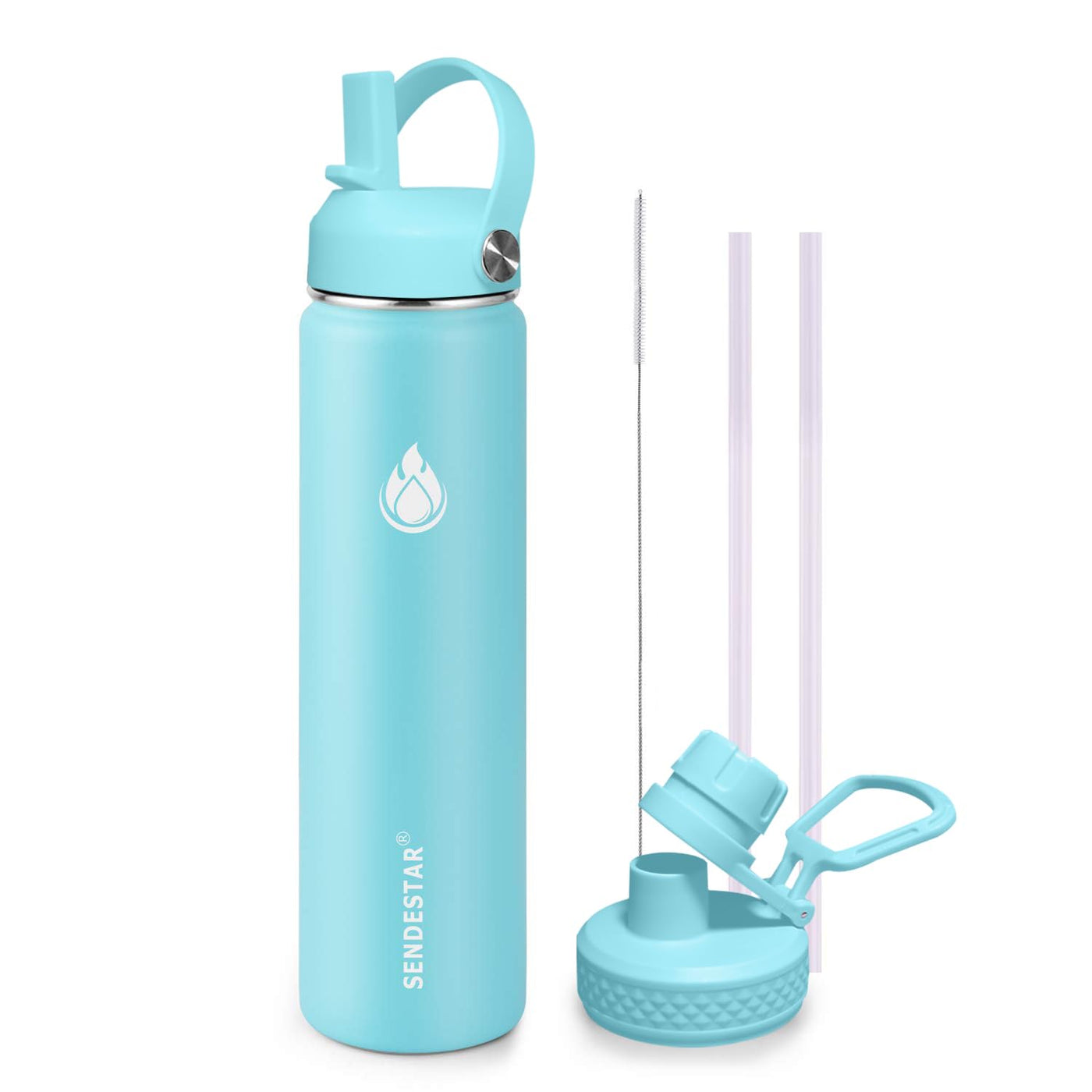 SENDESTAR Water Bottle 32oz Double Wall Vacuum Insulated Leak Proof Stainless Steel Sports Water Bottle—Wide Mouth with New Flex Straw Lid & Spout Lid (Deep Blue&Black)
