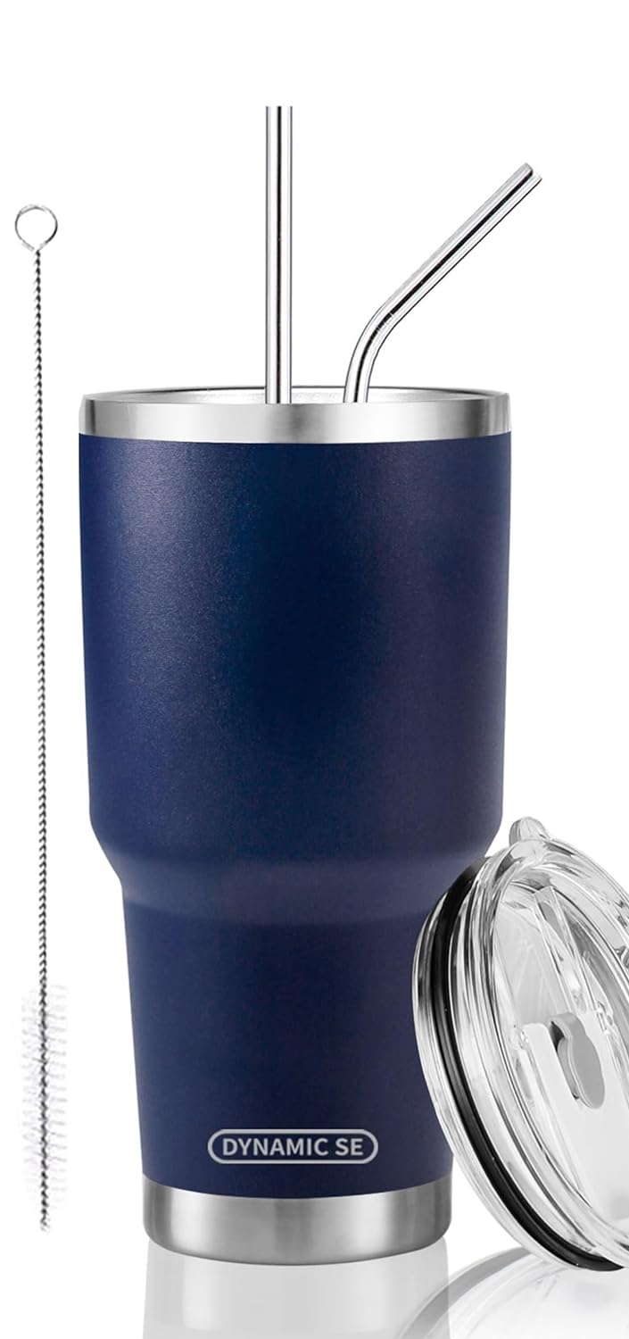 D·S 30oz Blue Tumbler Stainless Steel Double Wall Vacuum Insulated Mug with Straw and Lid, Cleaning Brush for Cold and Hot Beverages