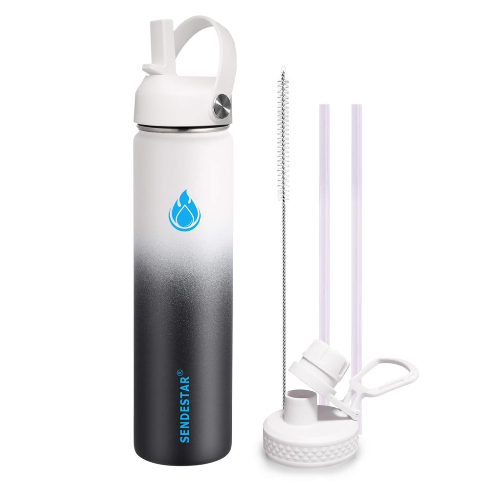 SENDESTAR Water Bottle 32oz Double Wall Vacuum Insulated Leak Proof Stainless Steel Sports Water Bottle—Wide Mouth with New Flex Straw Lid & Spout Lid (Deep Blue&Black)