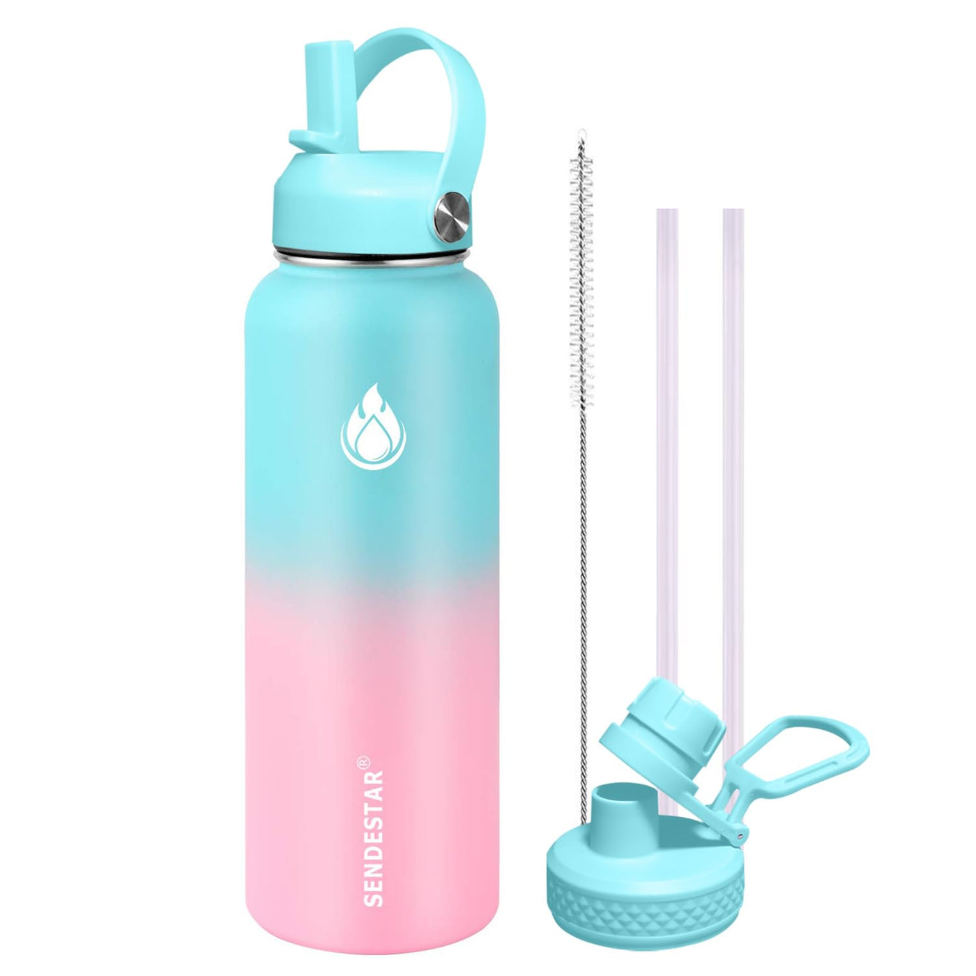 SENDESTAR Water Bottle 32oz Double Wall Vacuum Insulated Leak Proof Stainless Steel Sports Water Bottle—Wide Mouth with New Flex Straw Lid & Spout Lid (Deep Blue&Black)