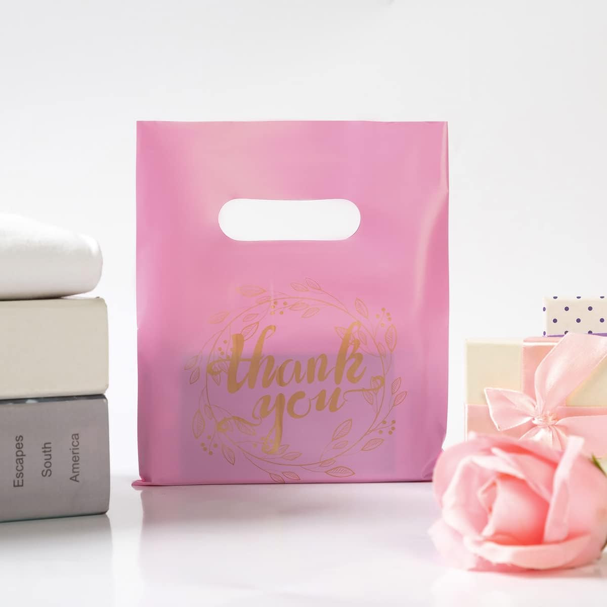 Wishop 100 Pieces Pink Thank You Merchandise Bags Party Gift Bags Candy Bags for Boutique, Retail, Gift Bags, Clothes, Party Favors (Pink/Gold, 6.3x7.9 Inches)