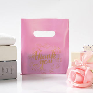 Wishop 100 Pieces Pink Thank You Merchandise Bags Party Gift Bags Candy Bags for Boutique, Retail, Gift Bags, Clothes, Party Favors (Pink/Gold, 6.3x7.9 Inches)