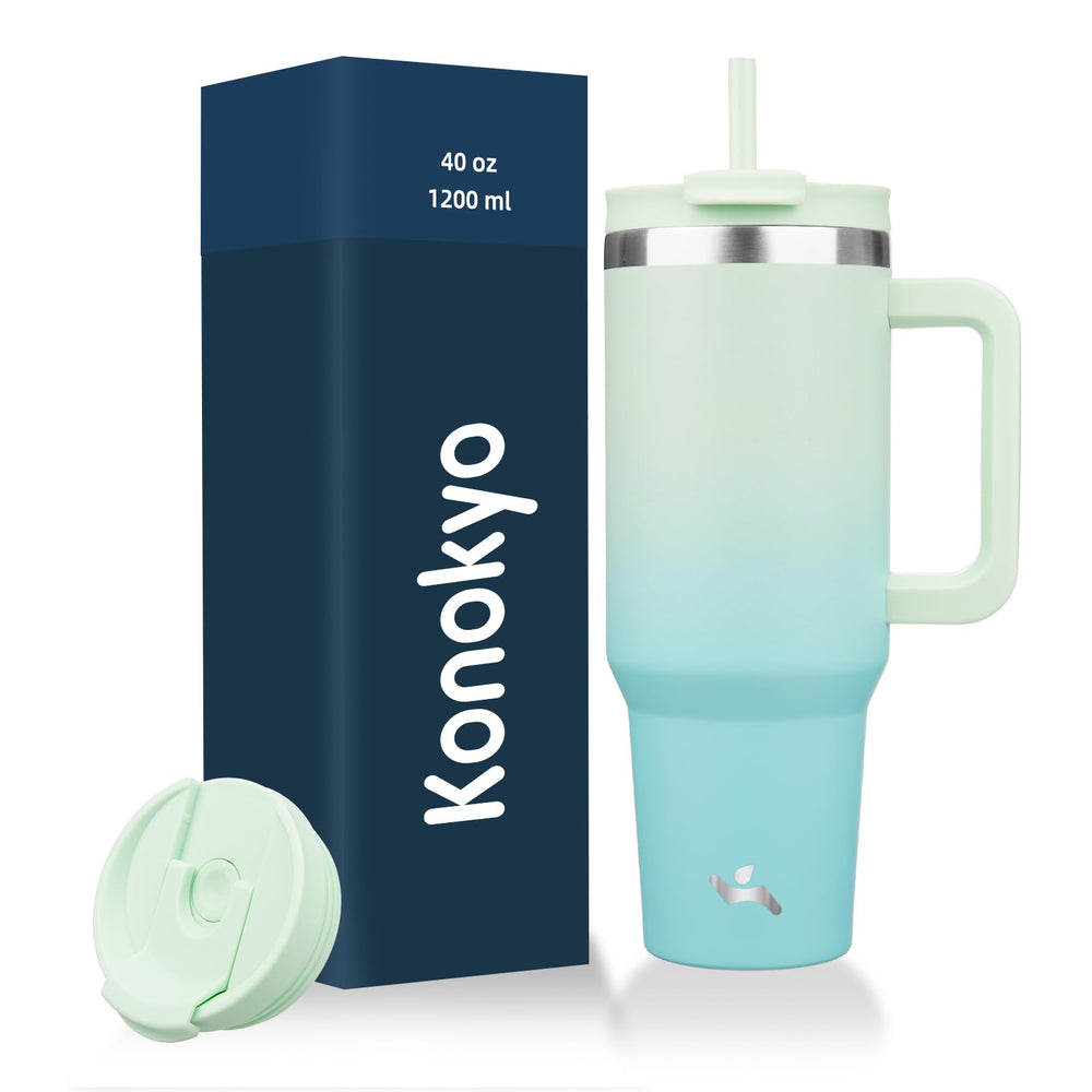 Konokyo 40 oz Tumbler with Handle and 2 Straws,2 in 1 Lid Insulated Water Bottle Stainless Steel Travel Coffee Mug,Mint