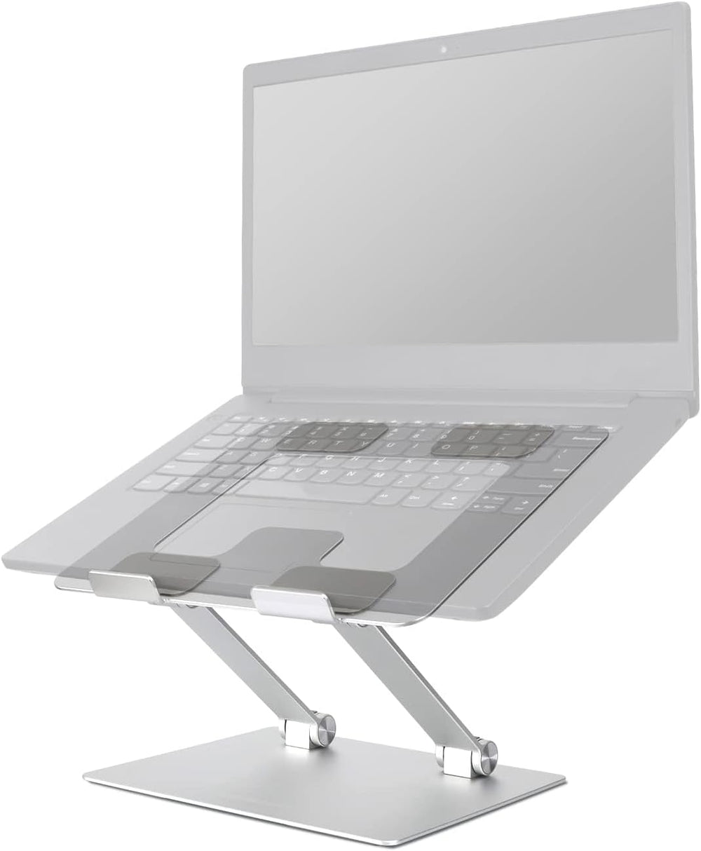 Amazon Basics Sturdy and Portable Ergonomic Laptop Stand for Desk, Height Adjustable Riser with Ventilated Cooling, Foldable, Fits all Laptops up to 15.6 Inch, Silver