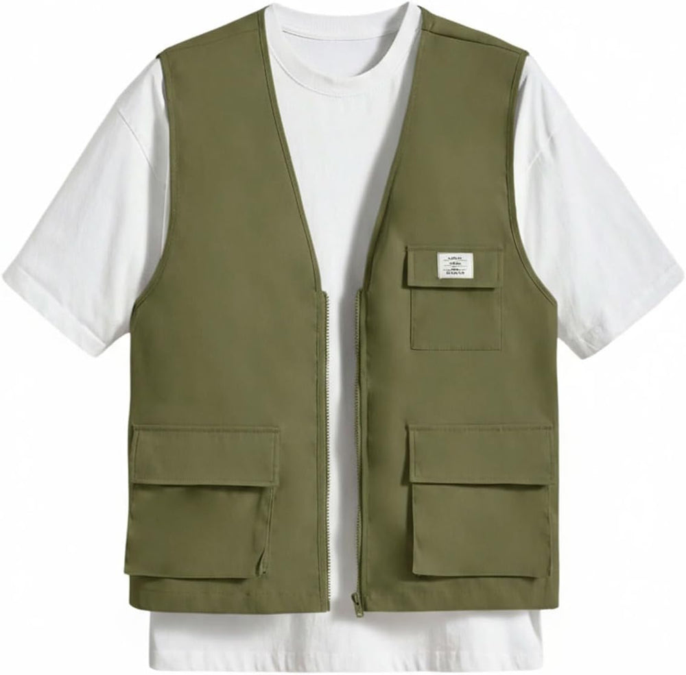 OYOANGLE Men's Sleeveless V Neck Zip Up Cargo Vest Letter Patched Flap Pocket Vest Coat Outerwear