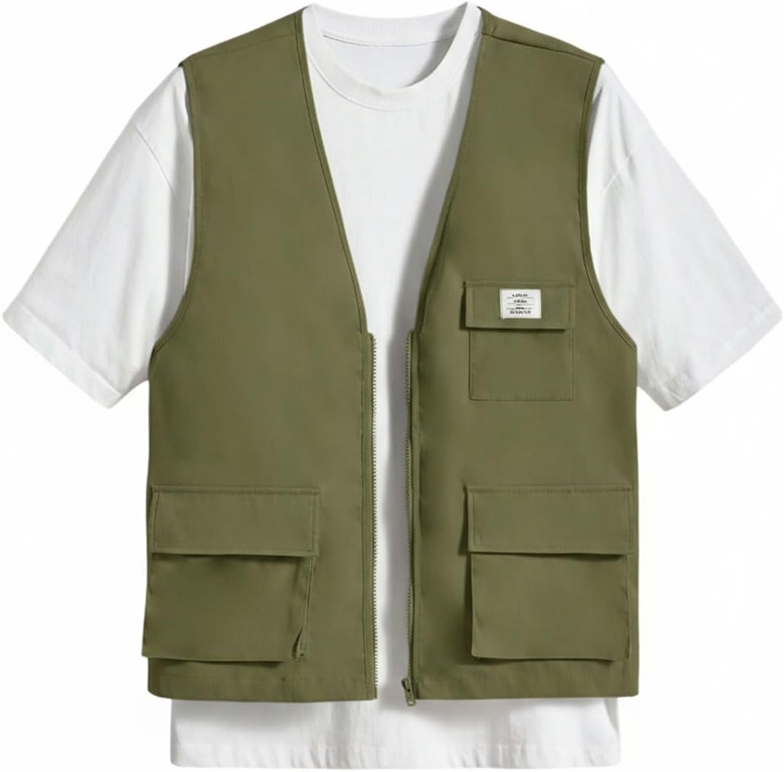 OYOANGLE Men's Sleeveless V Neck Zip Up Cargo Vest Letter Patched Flap Pocket Vest Coat Outerwear