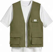 OYOANGLE Men's Sleeveless V Neck Zip Up Cargo Vest Letter Patched Flap Pocket Vest Coat Outerwear