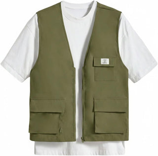 OYOANGLE Men's Sleeveless V Neck Zip Up Cargo Vest Letter Patched Flap Pocket Vest Coat Outerwear
