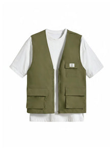 OYOANGLE Men's Sleeveless V Neck Zip Up Cargo Vest Letter Patched Flap Pocket Vest Coat Outerwear