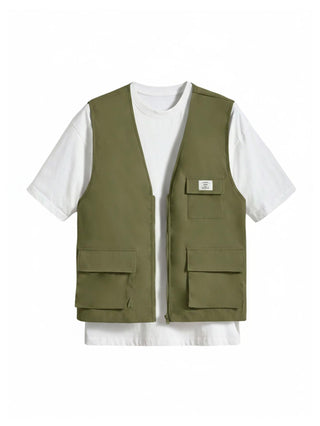 OYOANGLE Men's Sleeveless V Neck Zip Up Cargo Vest Letter Patched Flap Pocket Vest Coat Outerwear