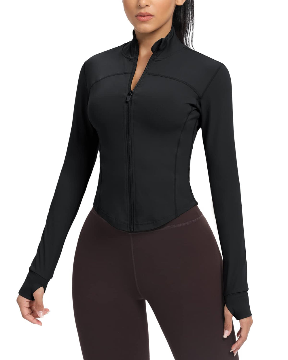 AVGO Women's Cropped Running Workout Jackets Zip Slim Fit Athletic Tops with Thumb Holes