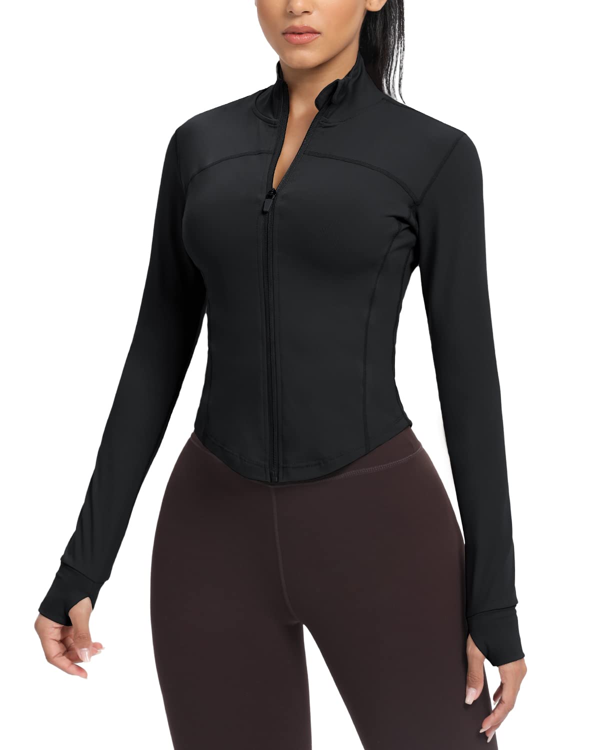 AVGO Women's Cropped Running Workout Jackets Zip Slim Fit Athletic Tops with Thumb Holes