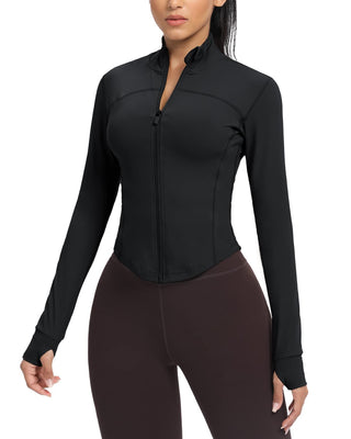 AVGO Women's Cropped Running Workout Jackets Zip Slim Fit Athletic Tops with Thumb Holes