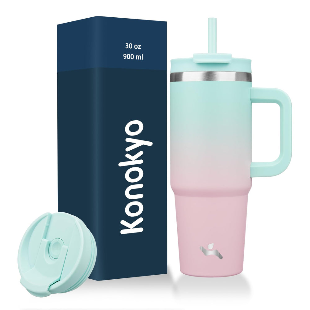 Konokyo 40 oz Tumbler with Handle and 2 Straws,2 in 1 Lid Insulated Water Bottle Stainless Steel Travel Coffee Mug,Mint