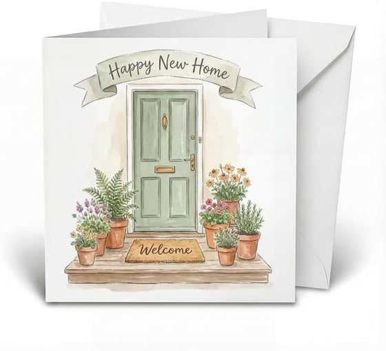 Watercolor New Home Card, HouseWarming Gifts New Home, Housewarming Gift For Neighbor,Client Or Friend.Sage Green Front Door Plants Design| 5.1"(13x13cm)|With Envelope