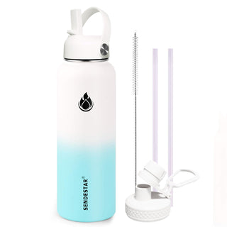 SENDESTAR Water Bottle 32oz Double Wall Vacuum Insulated Leak Proof Stainless Steel Sports Water Bottle—Wide Mouth with New Flex Straw Lid & Spout Lid (Deep Blue&Black)