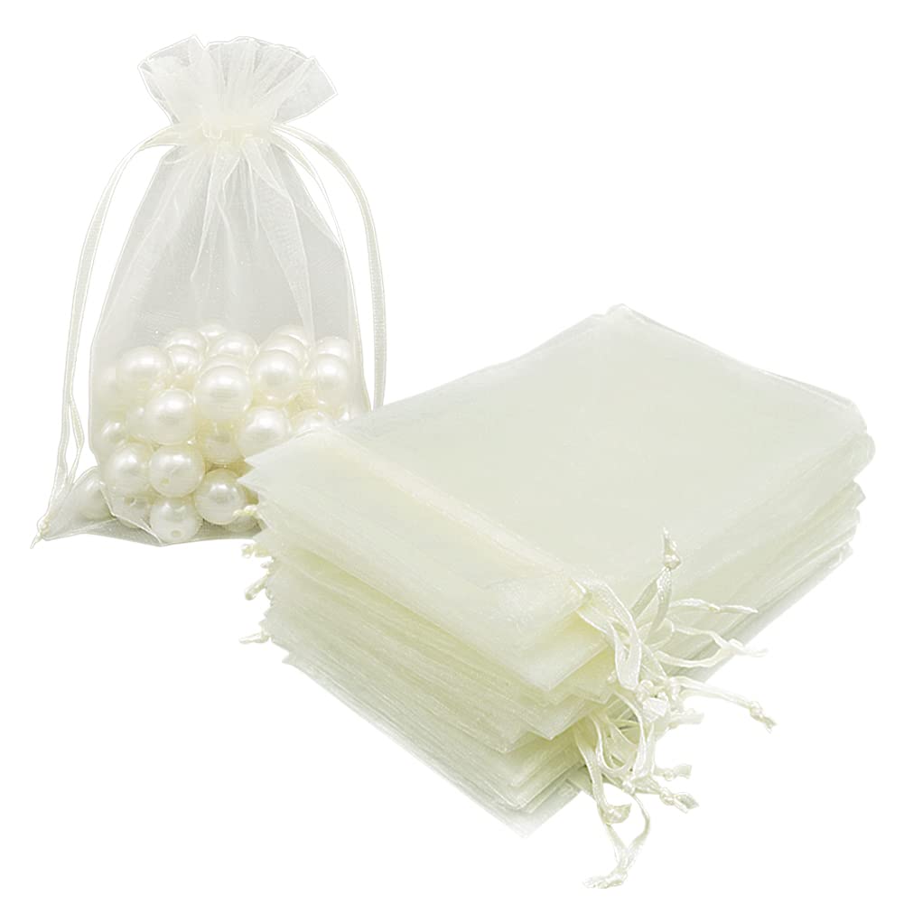 HRX Package 100pcs White Organza Bags, 4x6 inch Mesh Bags Drawstring Gift Bags Jewelry Pouches for Candy Wedding Favors Christmas